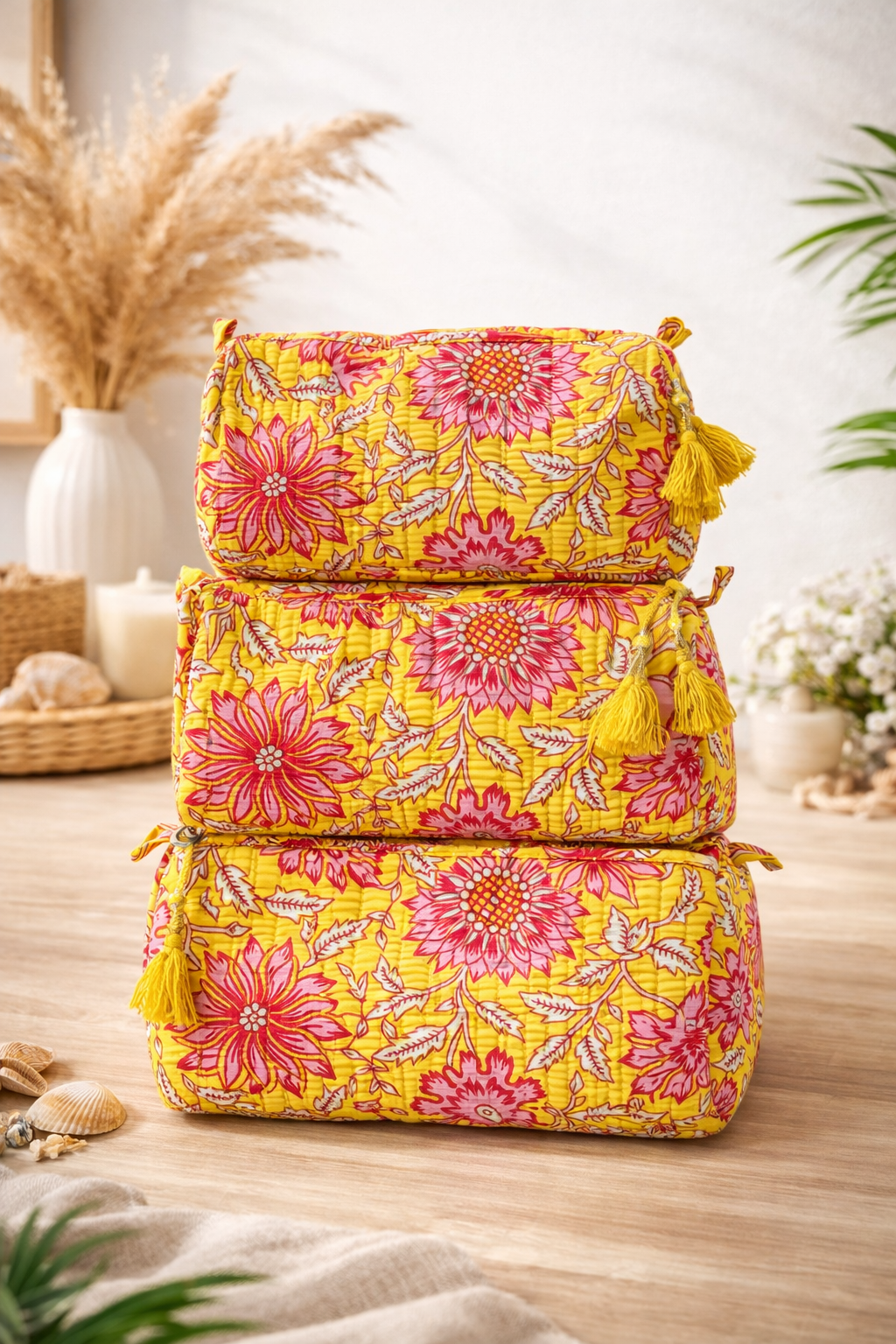 Trousse de toilette en coton matelassé jaune blockprint indien collection artisanale