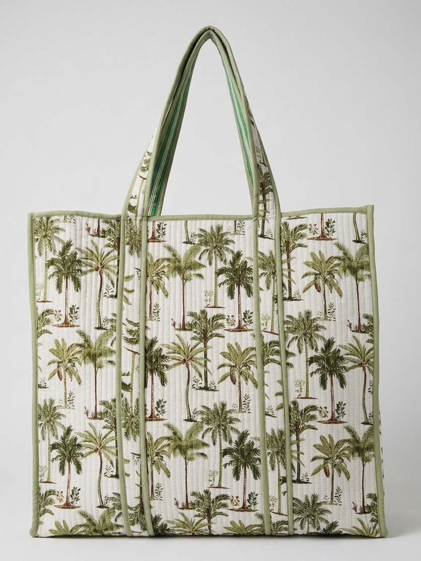 Sac cabas matelassé motif palmier blockprint fabrication artisanale