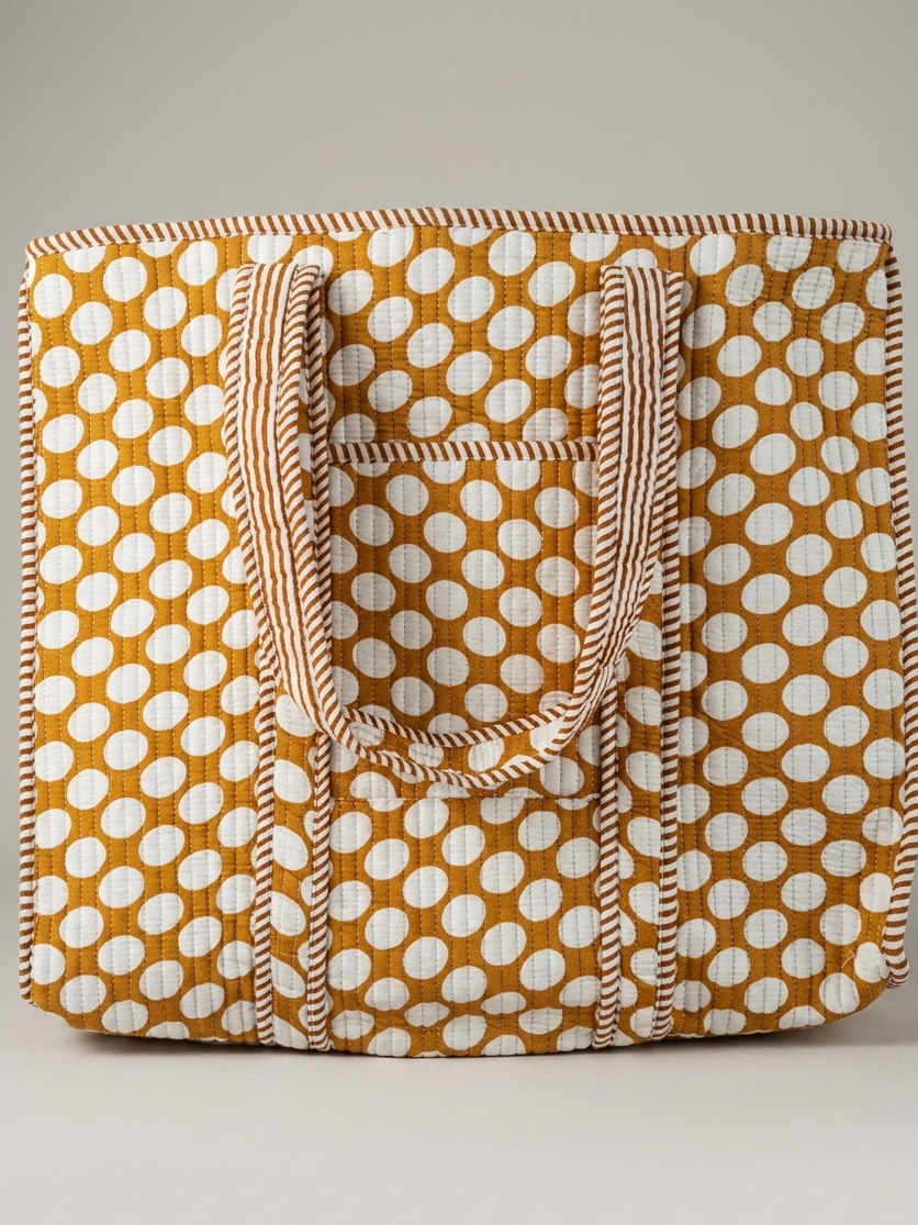 Sac cabas matelassé à pois blanc blockprint fabrication artisanale