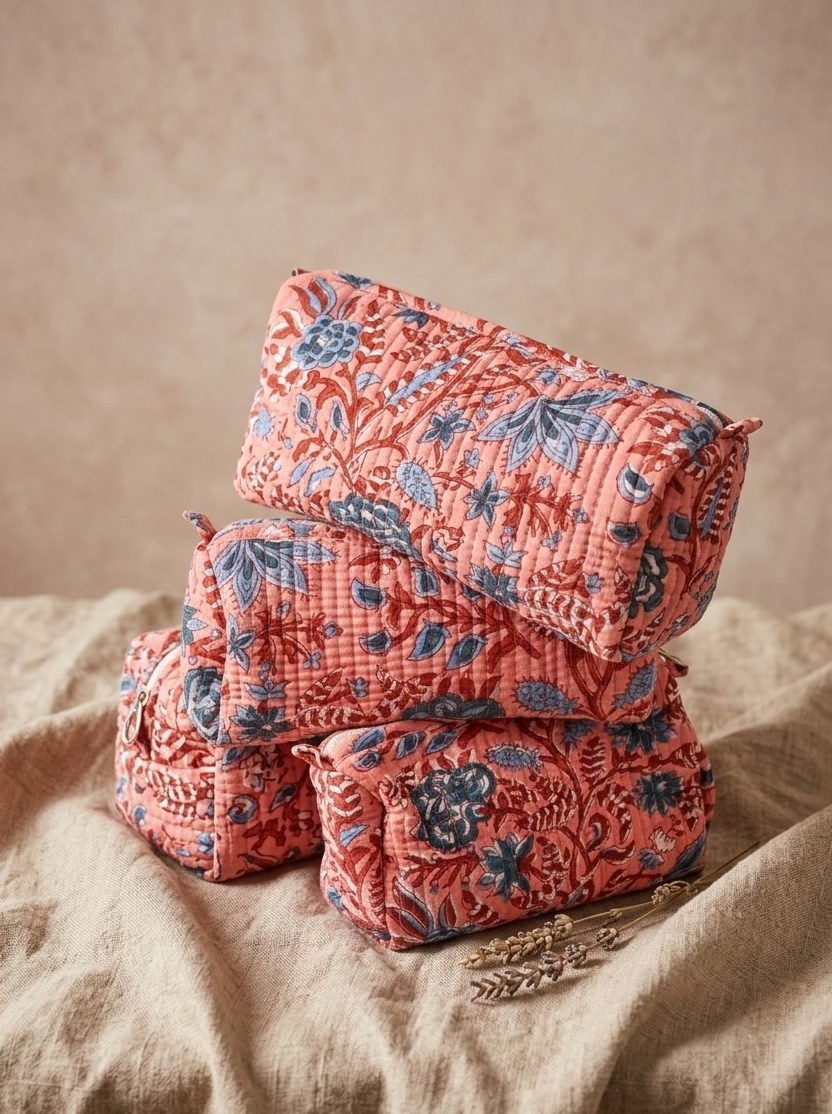 Trousse de toilette en coton matelassé imprimé fleurs blockprint indien collection artisanale