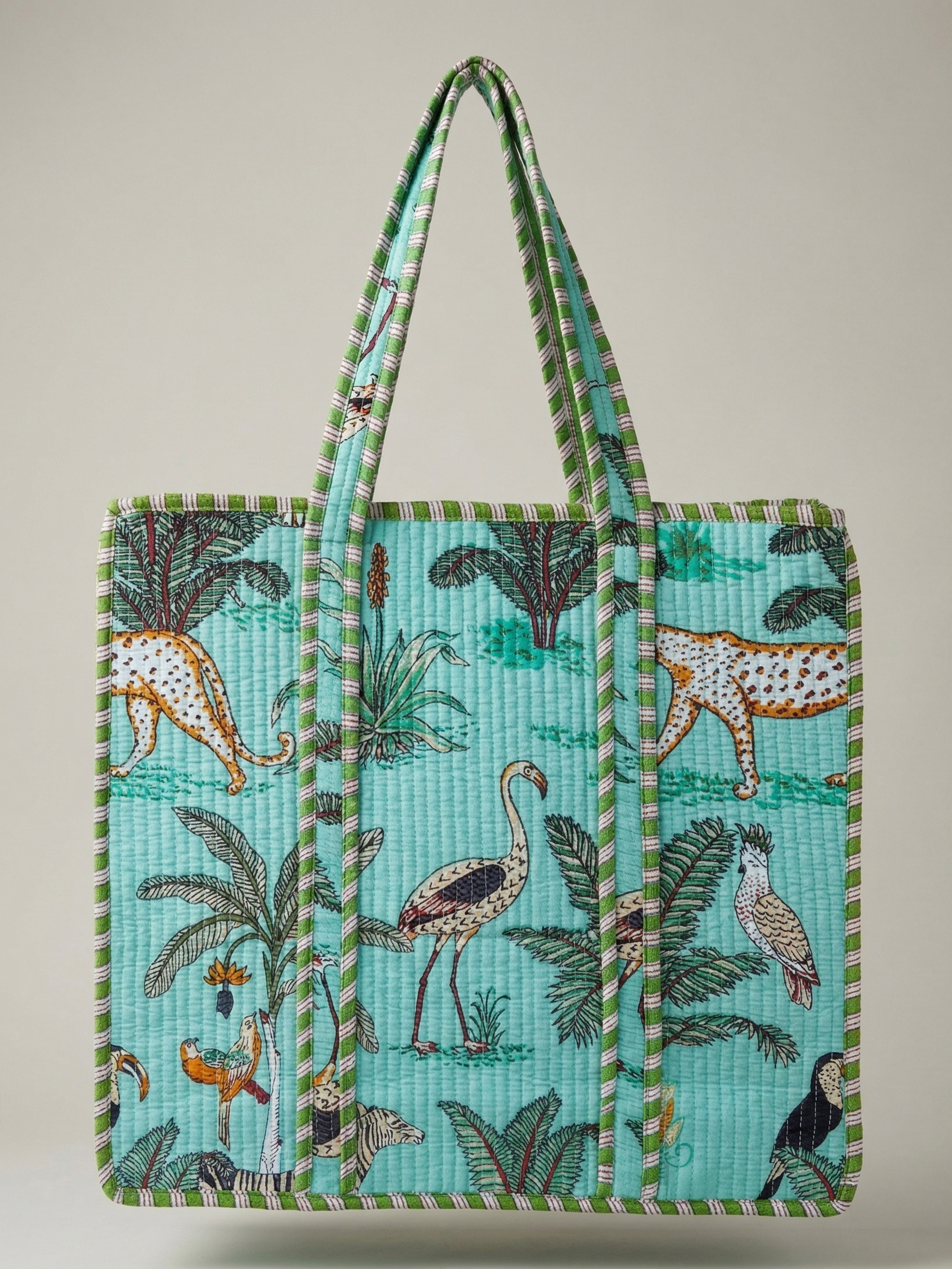 Sac cabas matelassé motif jungle blockprint fabrication artisanale
