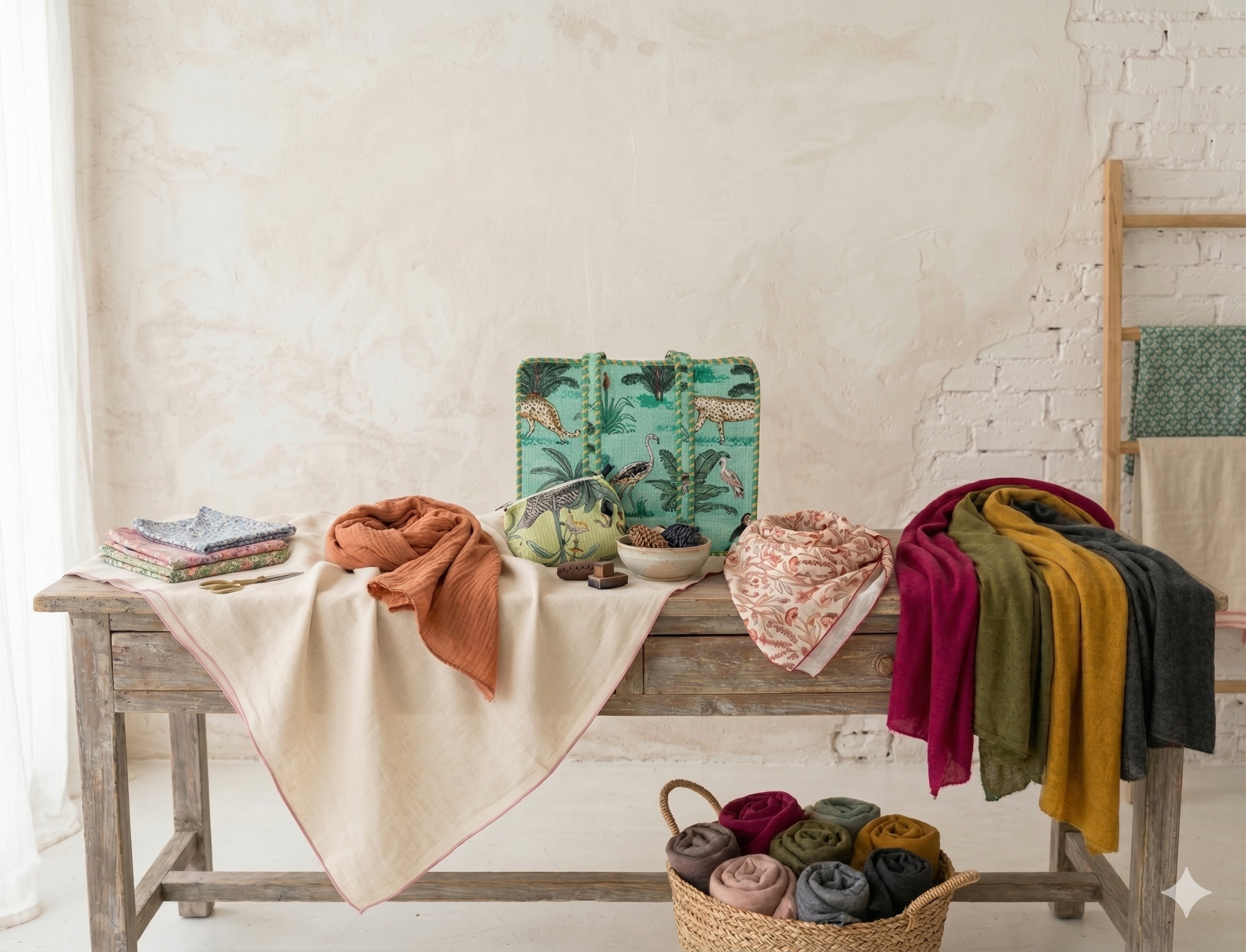 Mélange d'artisanat indien très coloré et de foulards made in France de la marque Mon Zinzolin