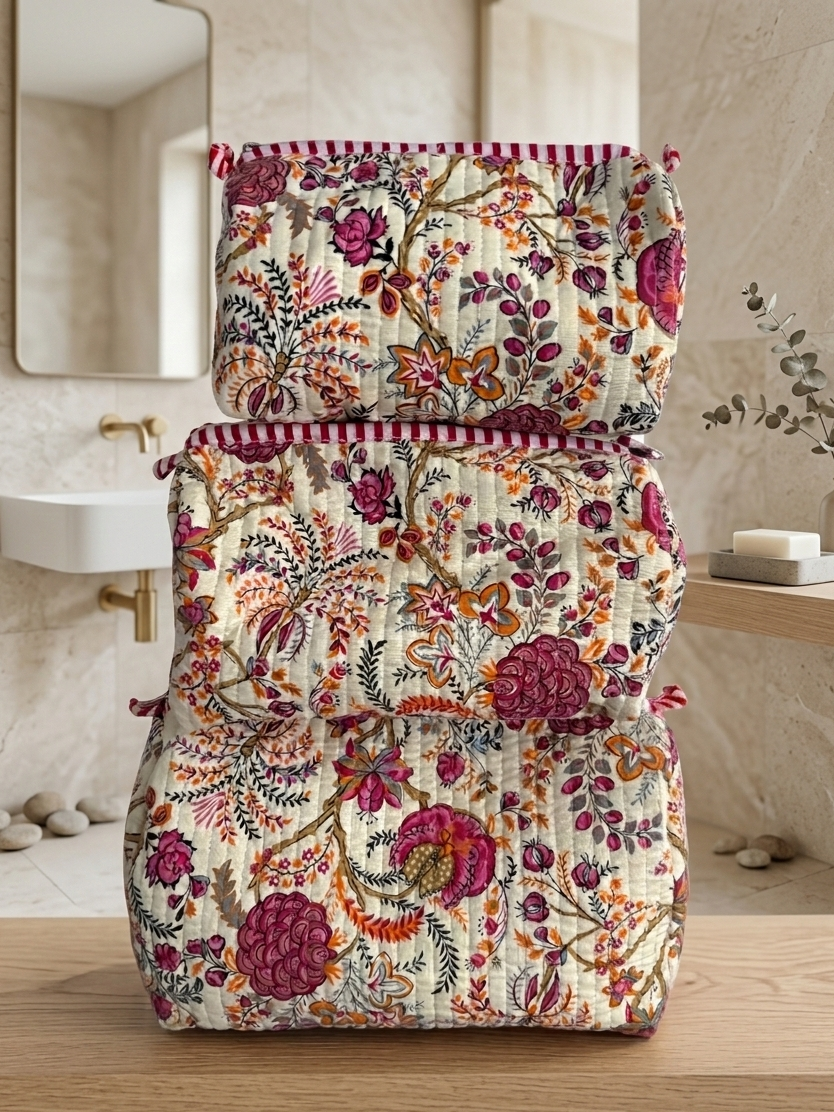 Trousse de toilette en coton matelassé imprimé fleurs blockprint indien collection artisanale
