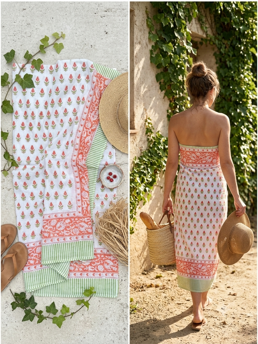 paréo sur fond blanc avec des motifs orange et des rayures vertes bordant le paréo