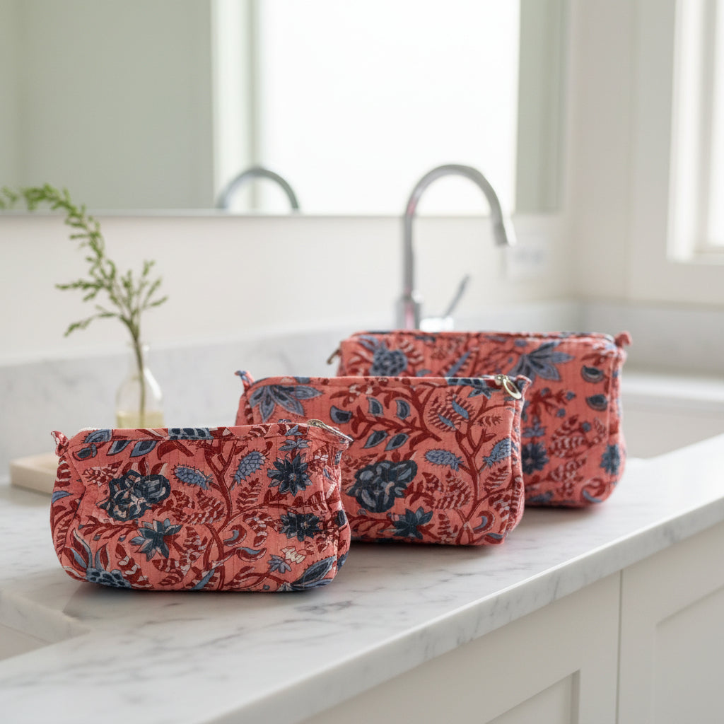 Trousse de toilette en coton matelassé imprimé fleurs blockprint indien collection artisanale