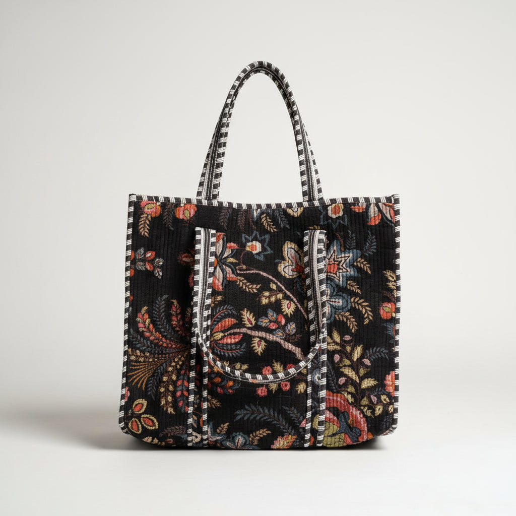 Sac cabas matelassé velours blockprint fabrication artisanale